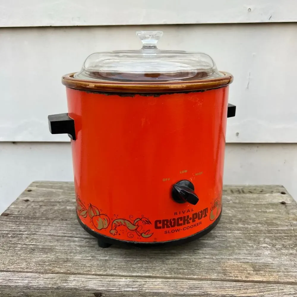 Vintage MCM Rival Crock Pot Slow Cooker Flame Orange Model 3100/2 3.5 Quart
